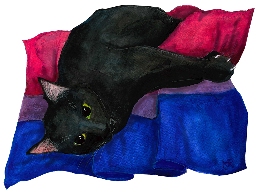 A black cat luxuriously cuddling with a bi pride flag, one set of claws extended to make lil gay biscuits.